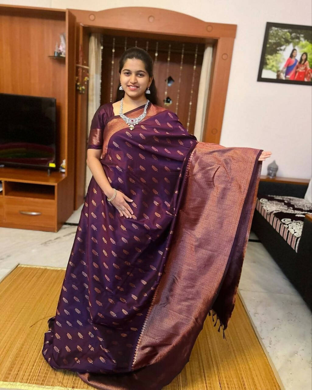 DEIANA'S Beautiful Golden Jari with New Design Soft Lichi Silk Saree - Wine - Distacart