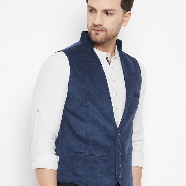 Even Apparels Blue Merino Men Woven Nehru Jacket - Distacart