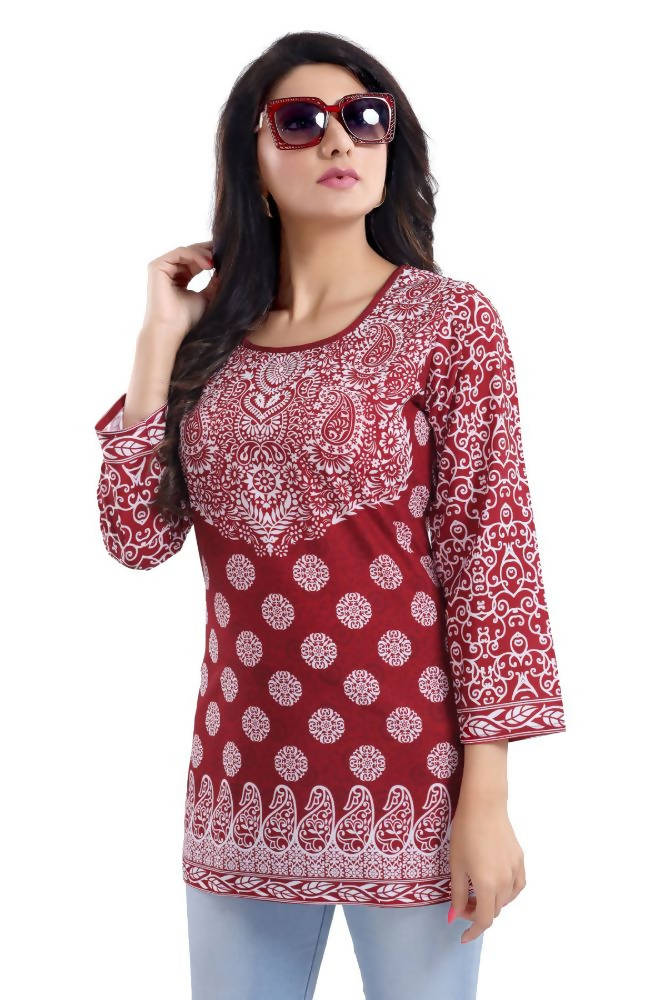 Snehal Creations Rust Faux Crepe Short Kurti Tunic