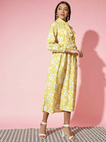Thumbnail for Myshka Women Yellow Floral Rayon A-Line Shirt Collar Dress - Distacart