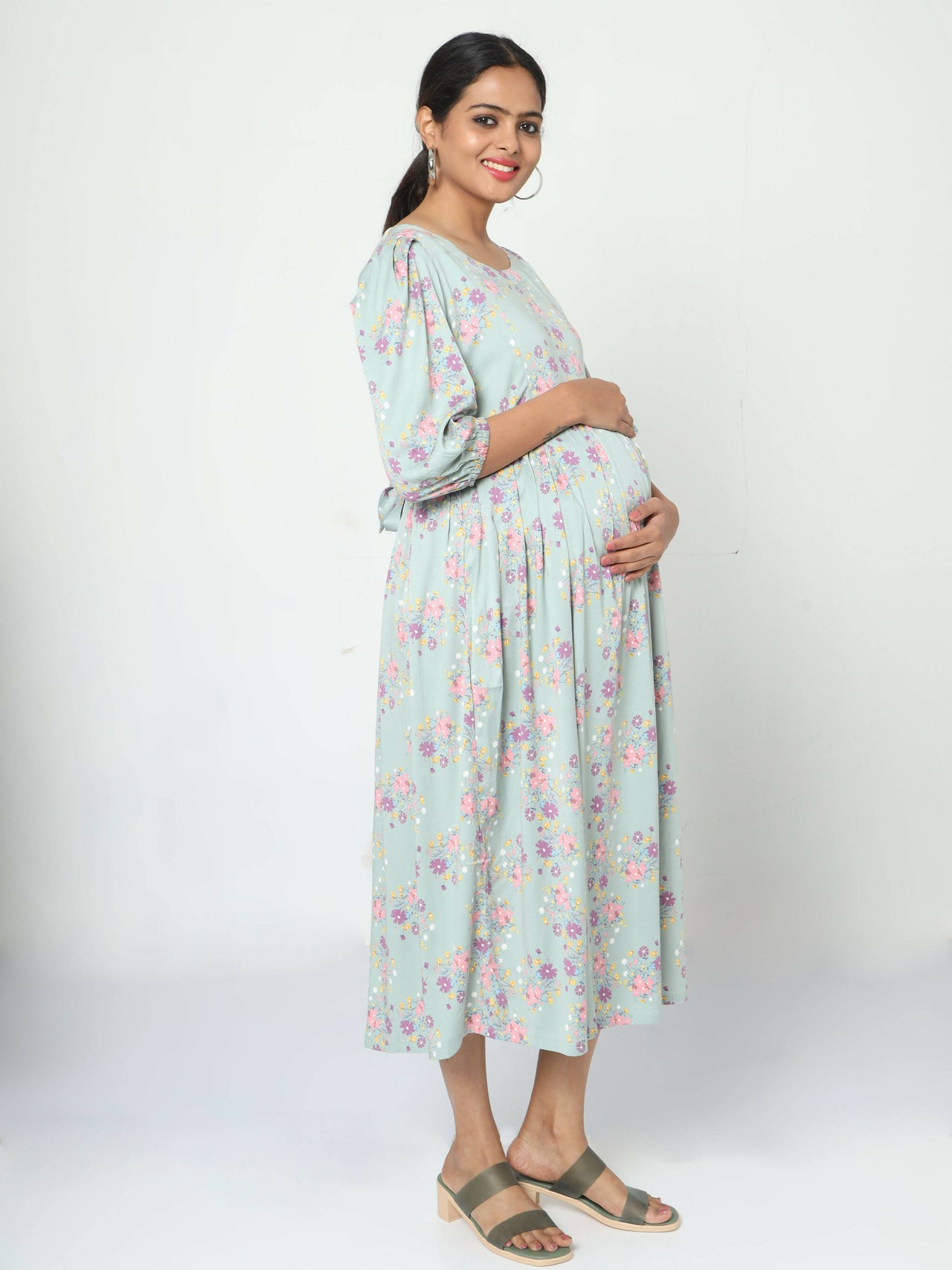 Manet Three Fourth Maternity Dress Pink Floral Print With Concealed Zipper Nursing Access - Green - Distacart