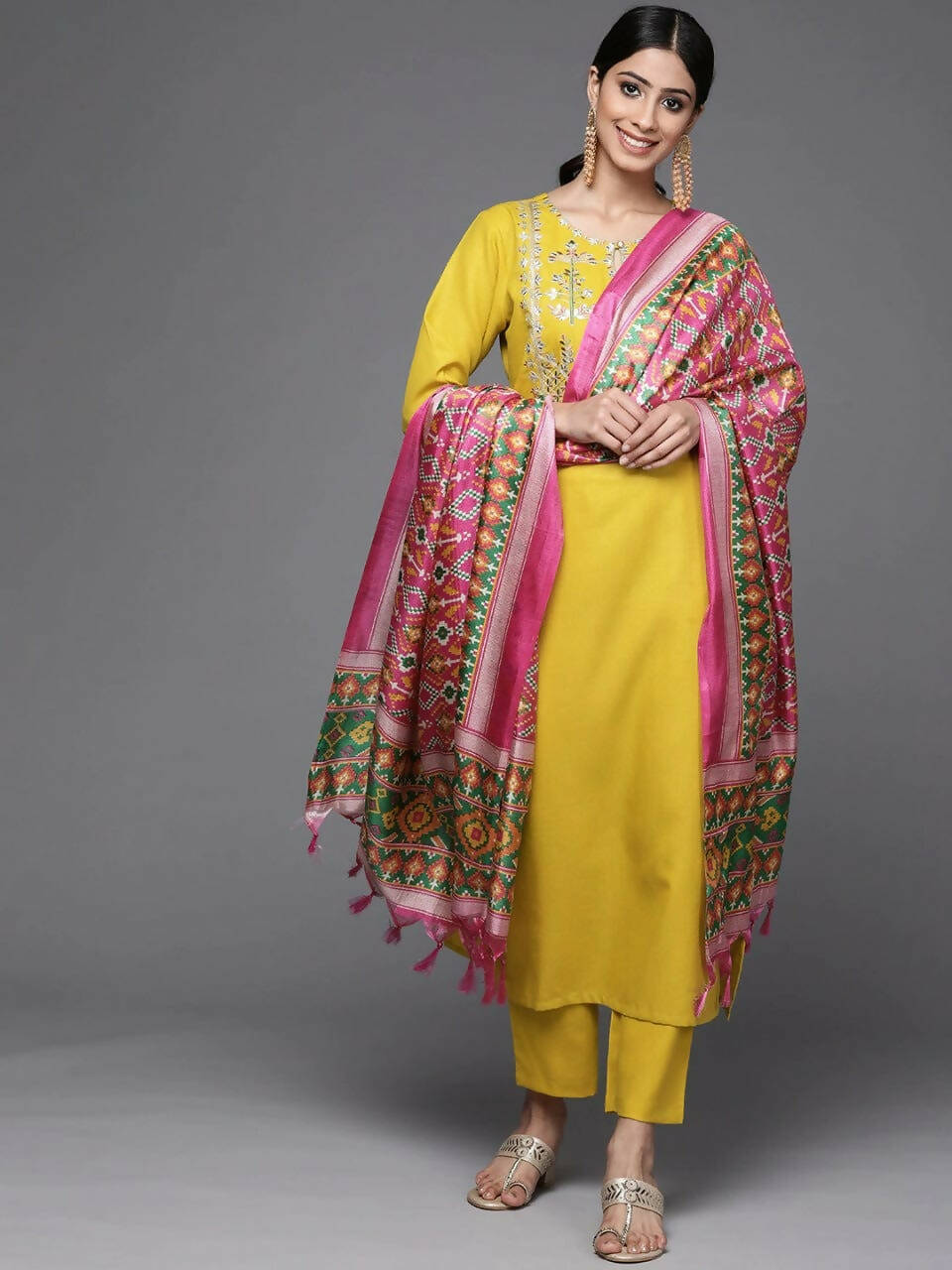 Varanga Women Mustard Yellow Yoke Design Mirror Work Cotton Kurta With Trousers & Dupatta - Distacart