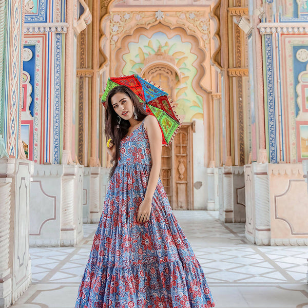 Designer Partywear Printed Blue Pure Maslin Gown - Anbazaar - Distacart