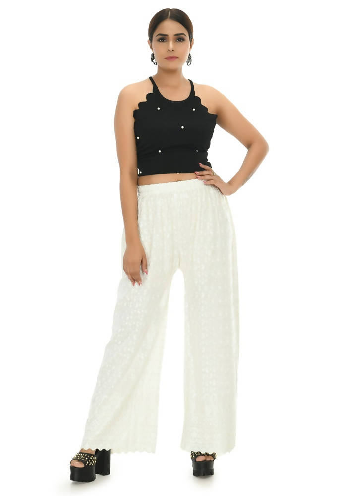 Mominos Fashion Moeza Reyon Cotton Off White Color Chikan Work Palazzo