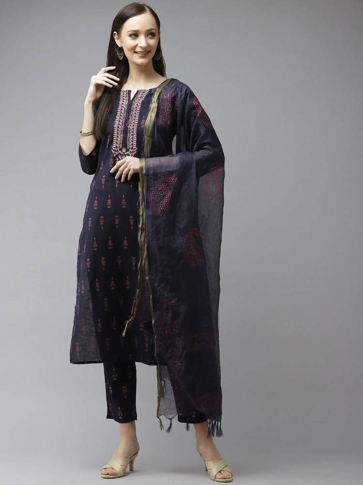 Yufta Women Navy Blue Ethnic Motifs Printed Regular Thread Work Kurta with Palazzo & With Dupatta
