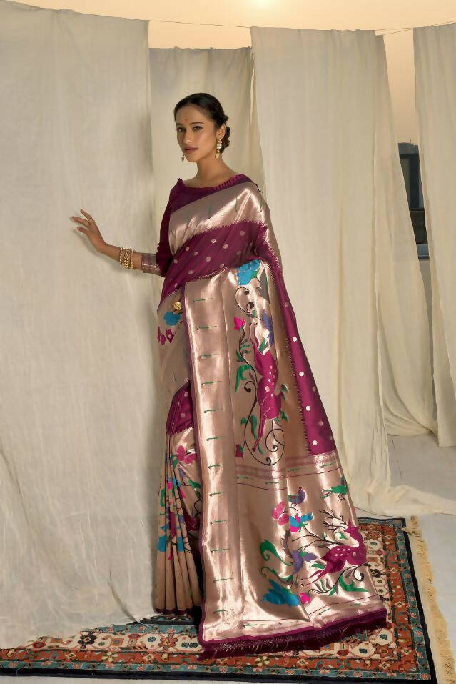 Vishnu Weaves Women's Wine Paithani Silk Zari Woven Saree with Unstitched Blouse - Distacart