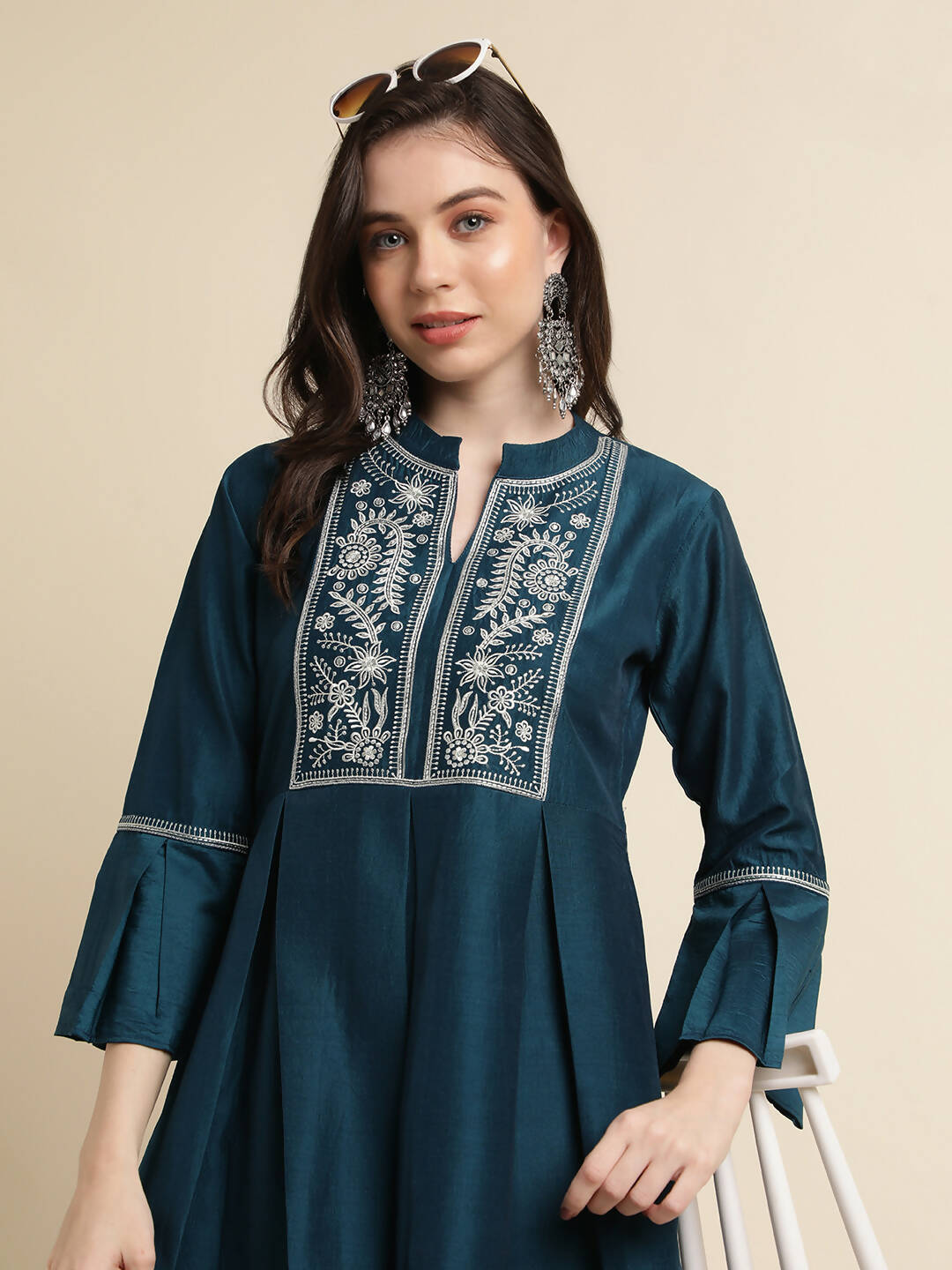 Teal Chinon Floral Embroidered Top with Bottom - Maanushi - Distacart