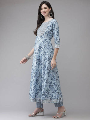 Yufta Women Blue Floral Printed Regular Pure Cotton Kurta with Trouser With Dupatta
