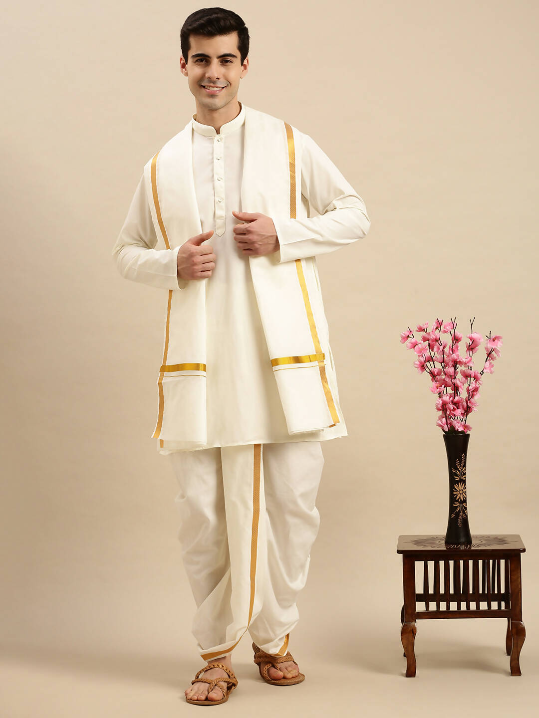 Ramraj Cotton Premium Wedding Cream Readymade Panchakacham,Kurta & Towel Set RP Jari - Distacart