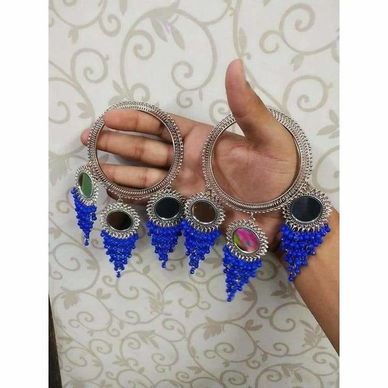 Blue Pearls With Mirror Latkan Bangles