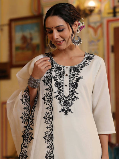 Juniper Women's White Chinnon Solid Embroidered Kurta Set - Distacart
