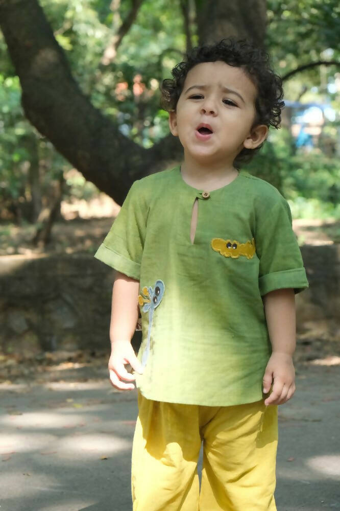 Mhyssa Tick Tock Round Neck Half Sleeve Green T-shirt With Full Length Yellow Pant Set For Kids - Distacart