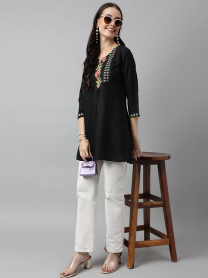 Black Poly Cotton Yoke Printed A-line Top - Bosky - Distacart