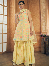Thumbnail for Myra Yellow Georgette Embroidered Designer Suit - Distacart