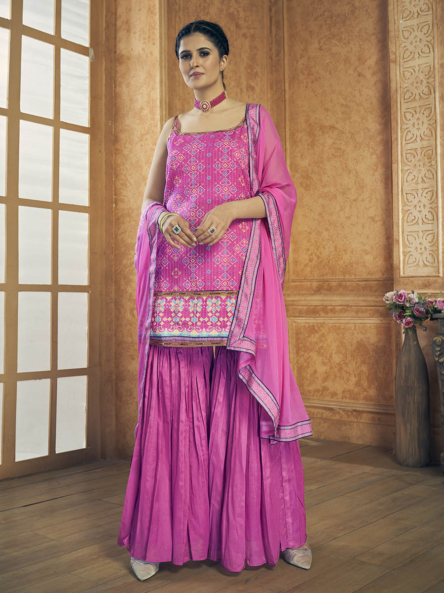 Myra Pink Printed Chinon Silk Designer Suit - Distacart