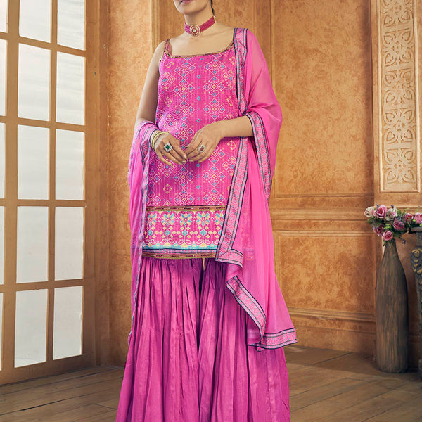 Myra Pink Printed Chinon Silk Designer Suit - Distacart