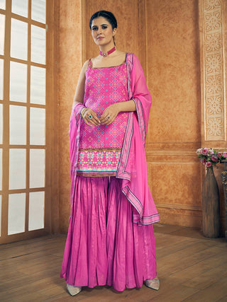 Myra Pink Printed Chinon Silk Designer Suit - Distacart