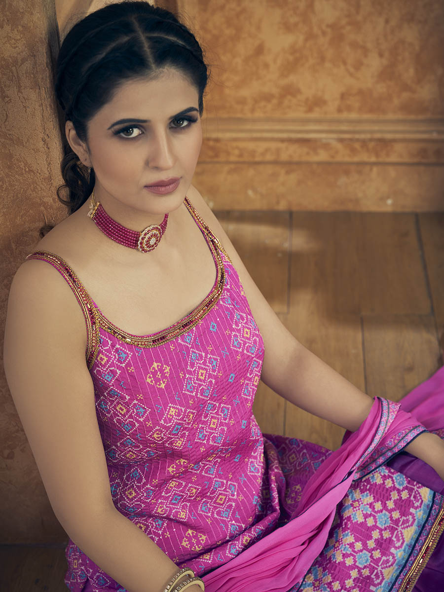 Myra Pink Printed Chinon Silk Designer Suit - Distacart