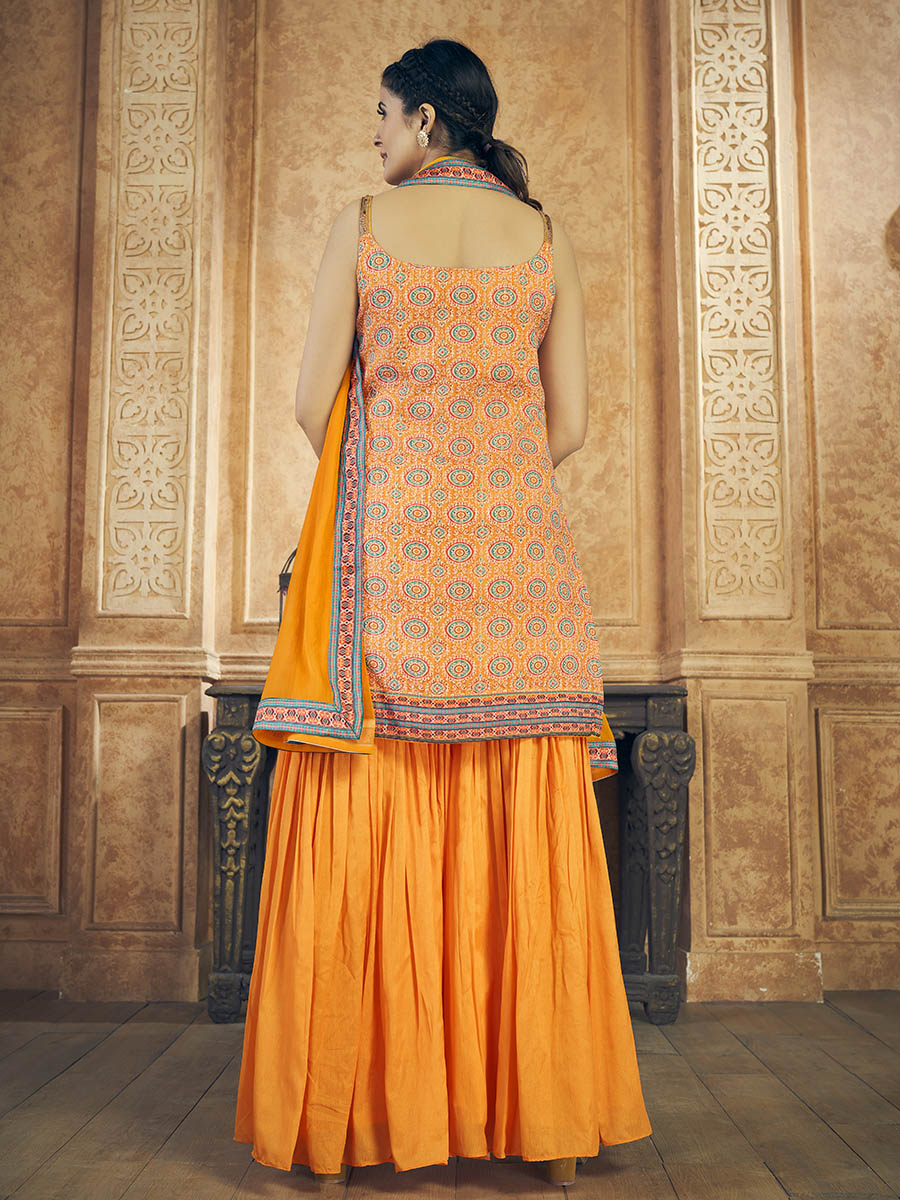 Myra Mustard Printed Chinon Silk Designer Suit - Distacart