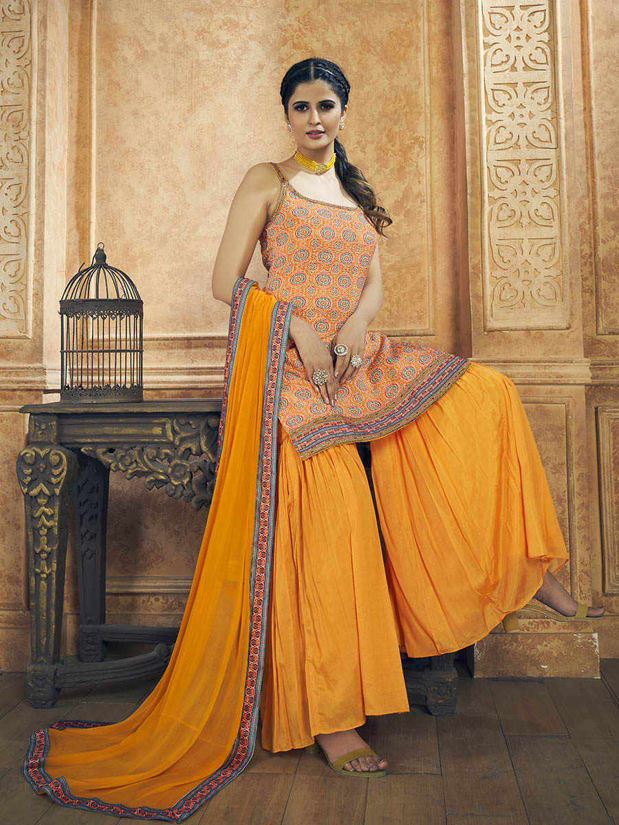 Myra Mustard Printed Chinon Silk Designer Suit - Distacart