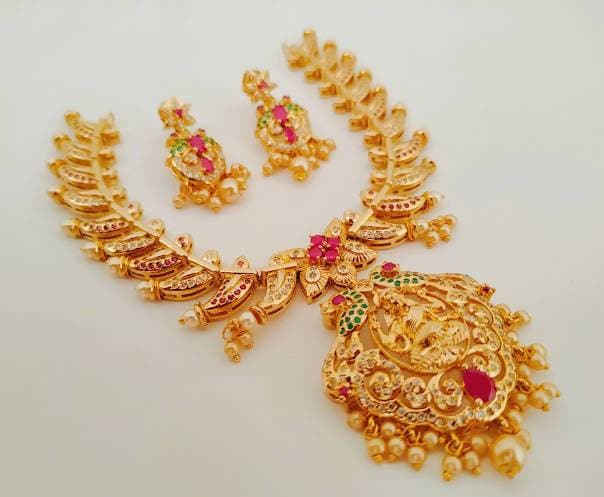 Multicolor AD Ruby Temple Bridal Jewelry For Occasions And Parties