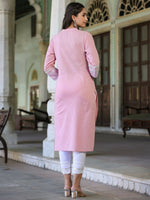 Thumbnail for Juniper Women's Pink Cotton Slub Embroidered Straight Kurta - Distacart