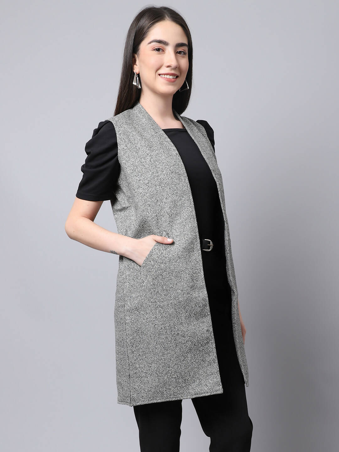 Even Apparels Grey Pure Wool Open Front Woolen Women's Long Coat - Distacart