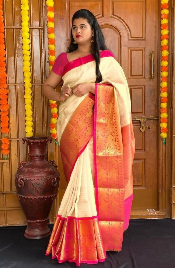 DEIANA'S Beautiful Golden Jari with New Design Soft Lichi Silk Saree - White - Distacart