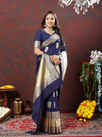Thumbnail for Lorenvalley Fashion Navyblue Soft Silk Woven Design Gold Zari Weaving Saree - Distacart