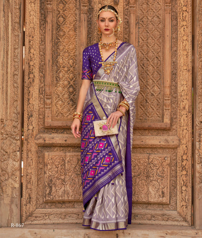 Grey Silk Geometric Printed Saree With Unstitched Blouse Piece - Aanchal - Distacart