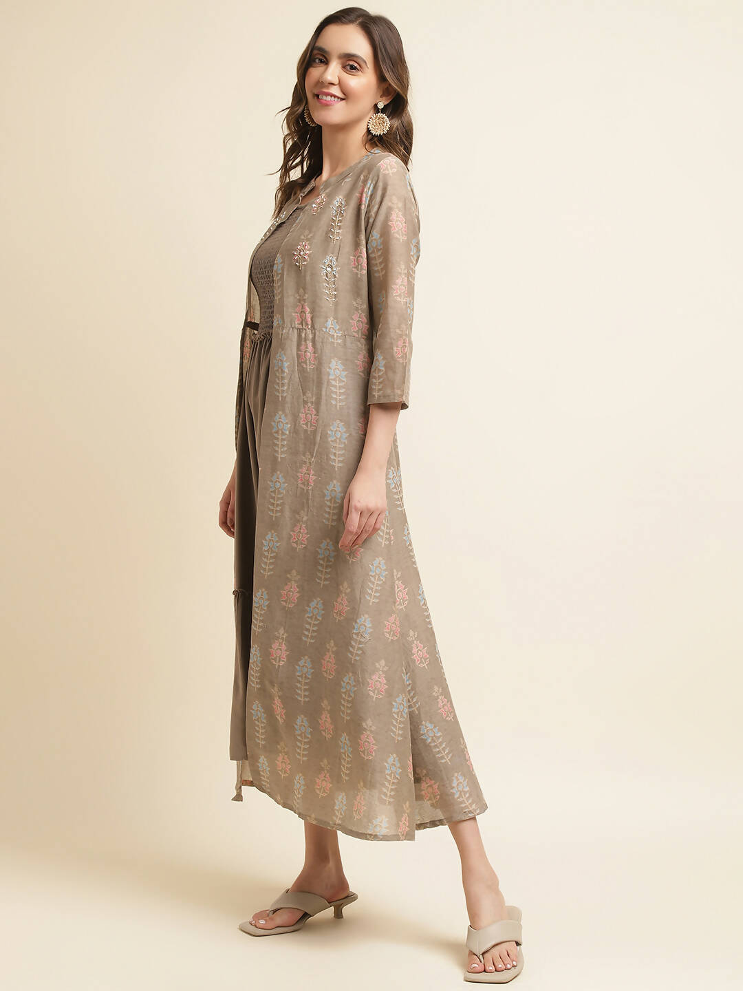 Brown Cotton Solid Flared Dress with Printed Shrug - Yukti - Distacart