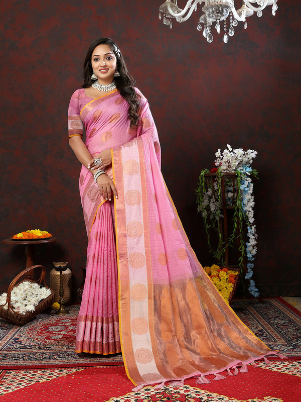 Lorenvalley Fashion Pink Cotton with Woven Design Zari Weaving Saree - Distacart