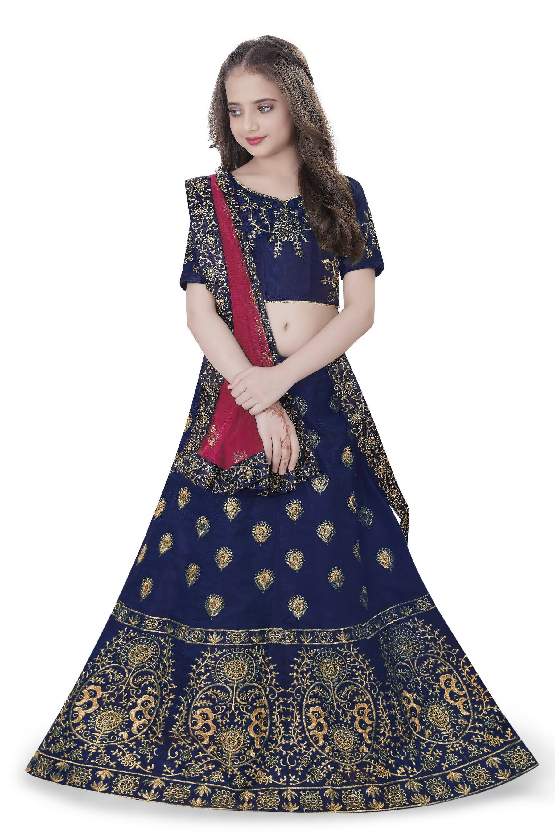 Dwiden Navy Blue Gulab Tafetta Sattin Semi-Stitched Girl's Lehenga Choli - Distacart