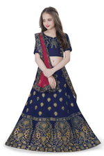 Thumbnail for Dwiden Navy Blue Gulab Tafetta Sattin Semi-Stitched Girl's Lehenga Choli - Distacart