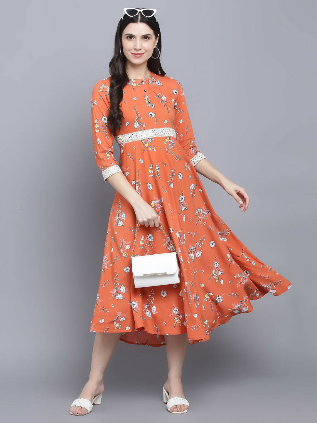 Myshka Women's Orange Floral Midi Dress - Distacart