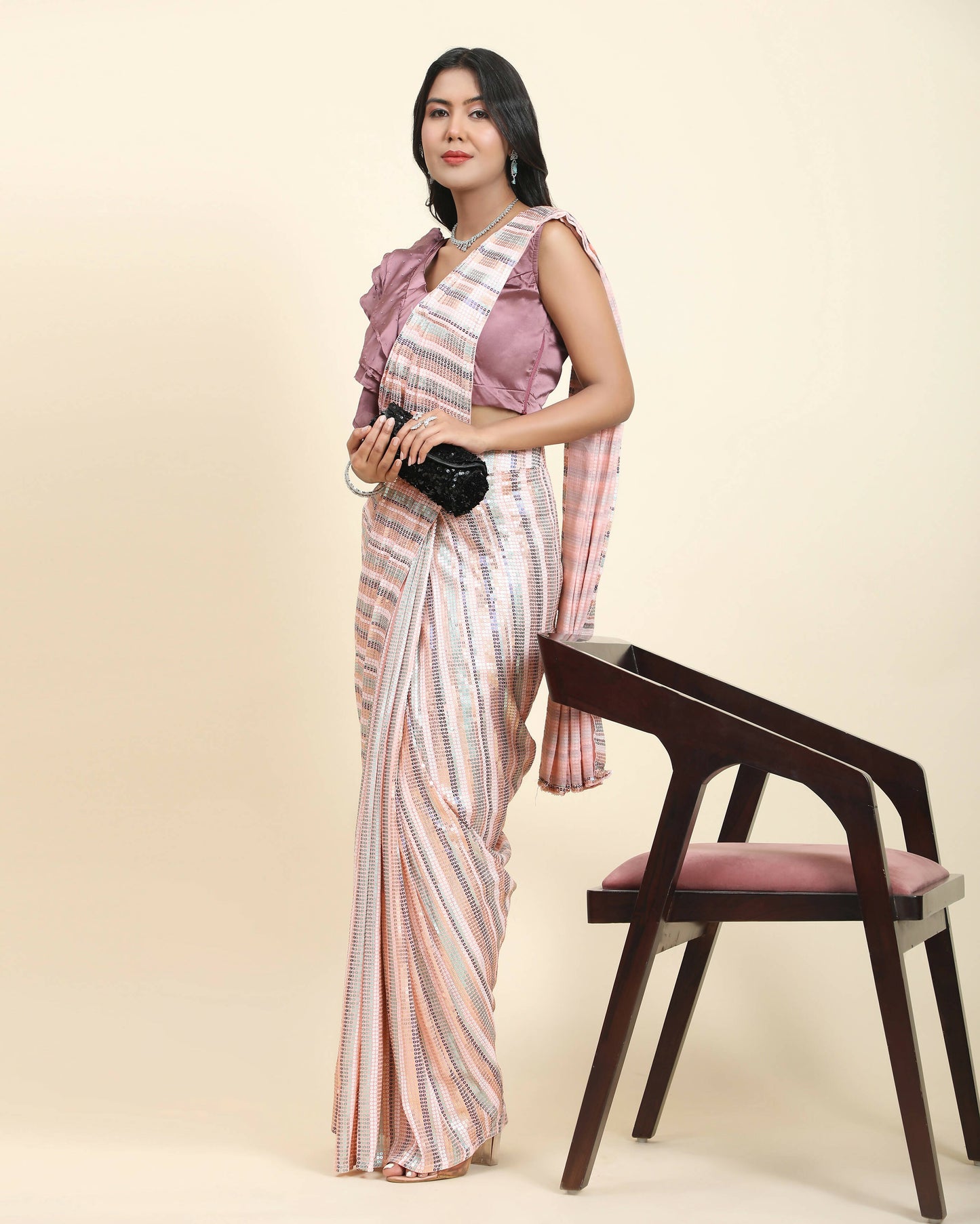 Peach Pure Georgette Sequence work Ready to wear Saree with stitched Blouse - Satiksha - Distacart