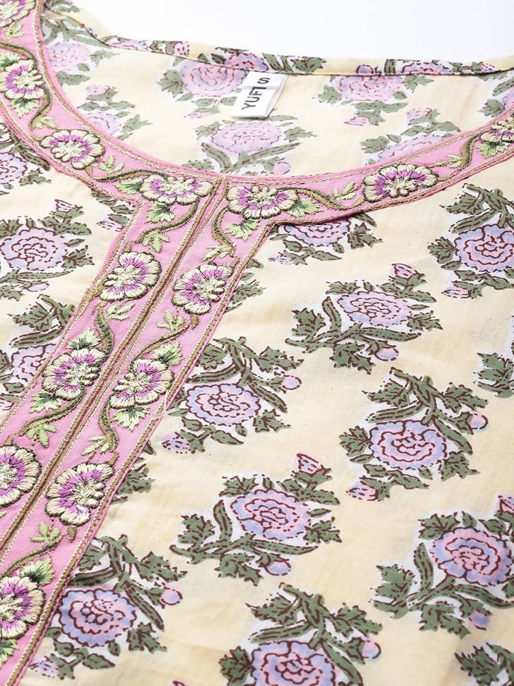 Yufta Women Yellow & Green Floral Handblock Printed Cotton Kurta with Trouser & Dupatta