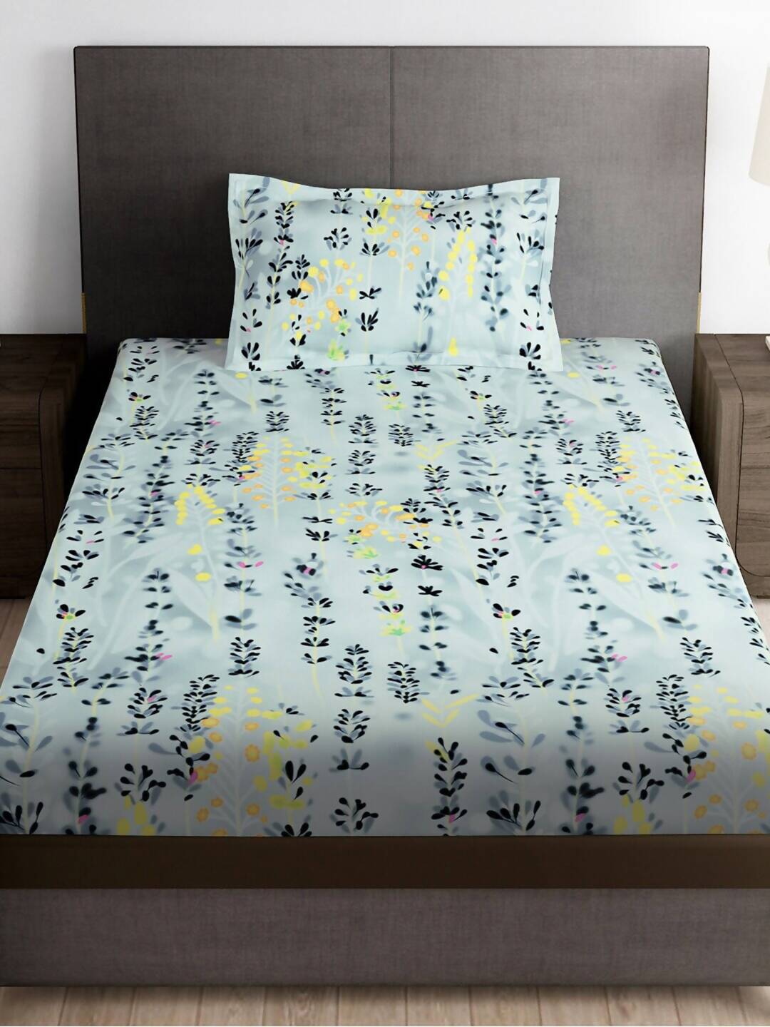 Story@home Arena Grey & Blue Floral Printed 180 TC Bedsheet & Pillow Covers - Distacart
