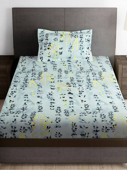Story@home Arena Grey & Blue Floral Printed 180 TC Bedsheet & Pillow Covers - Distacart