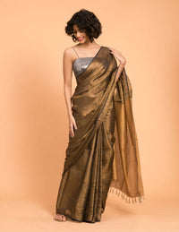 Thumbnail for Suta Black Gold Woven Design Zari Pure Linen Saree - Distacart