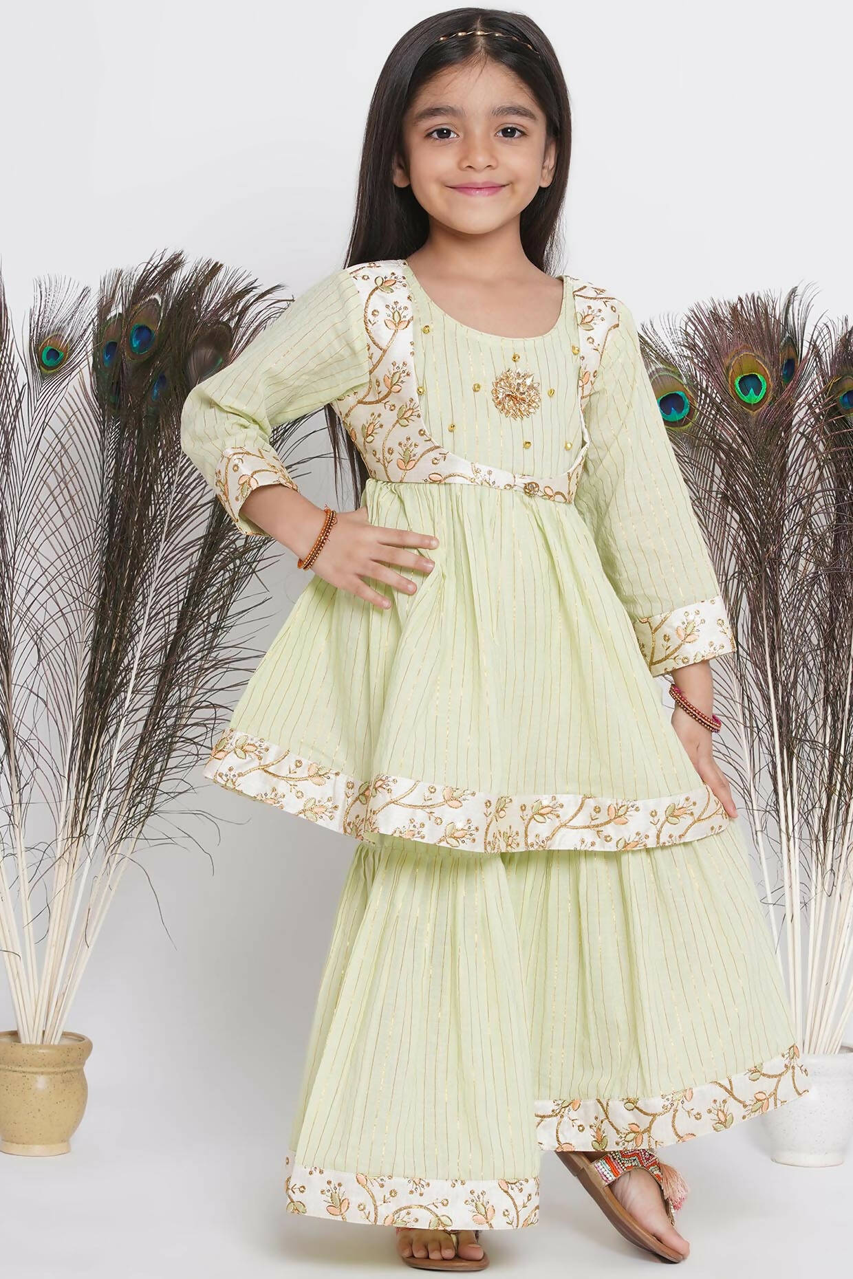 Little Bansi Floral Embroidery Jacket With Cotton Lurex Frock Sharara And Dupatta With Ghungroo Handwork - Bottle Green - Distacart