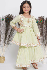 Thumbnail for Little Bansi Floral Embroidery Jacket With Cotton Lurex Frock Sharara And Dupatta With Ghungroo Handwork - Bottle Green - Distacart