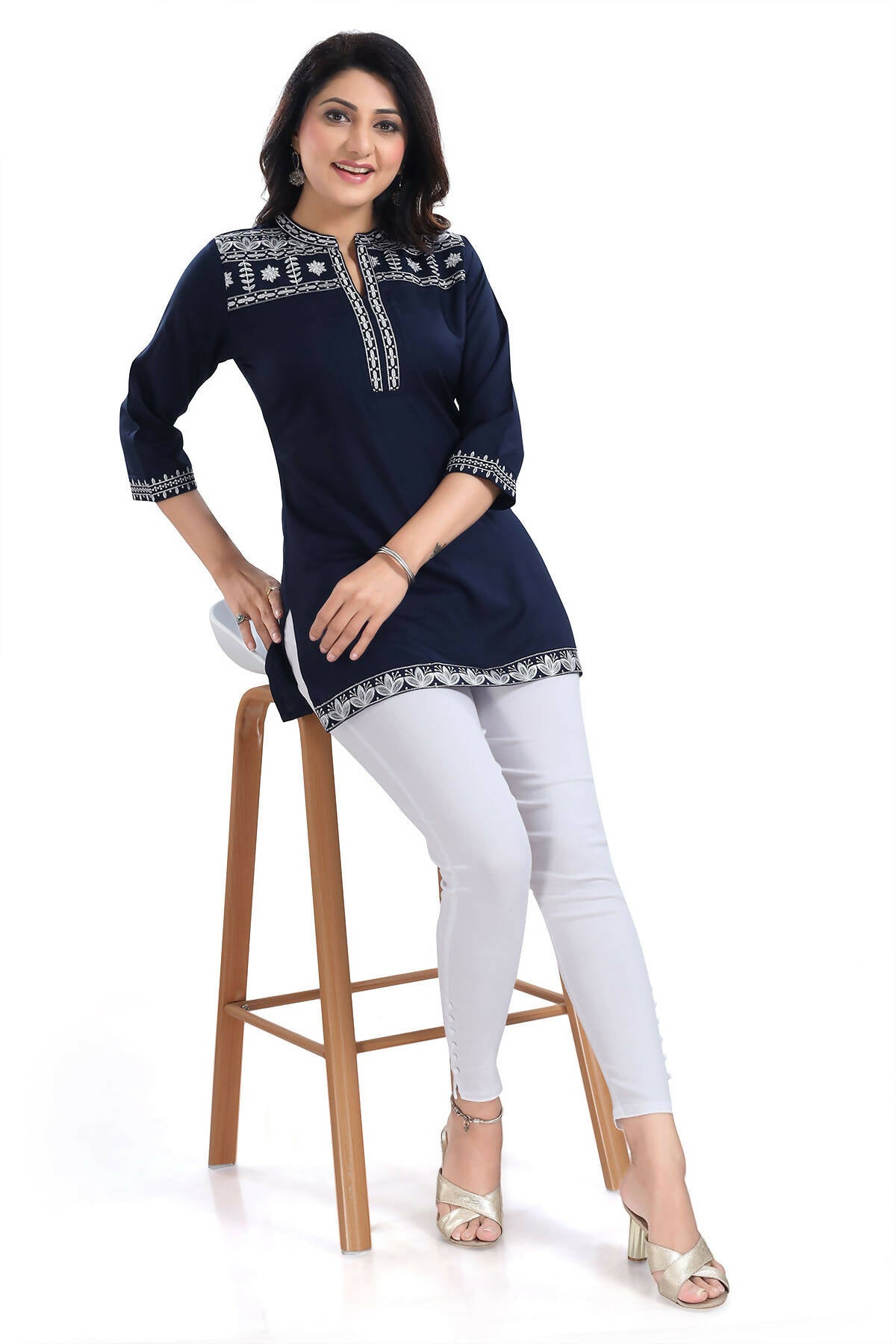 Snehal Creations Novel Navy Blue Women Embroidered Boho Chic Tunic Top - Distacart