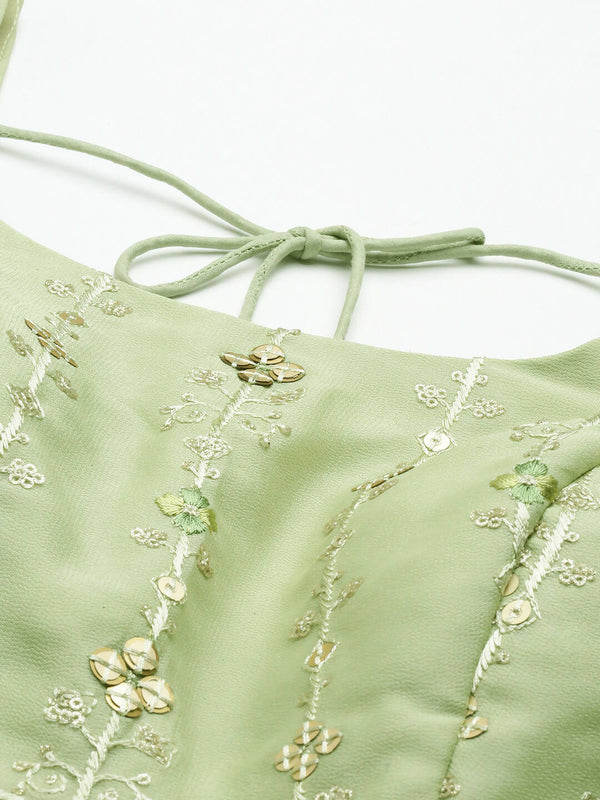 House of Panchhi Pista Green Pure Georgette Embroidered Lehenga & Blouse, Dupatta - Distacart