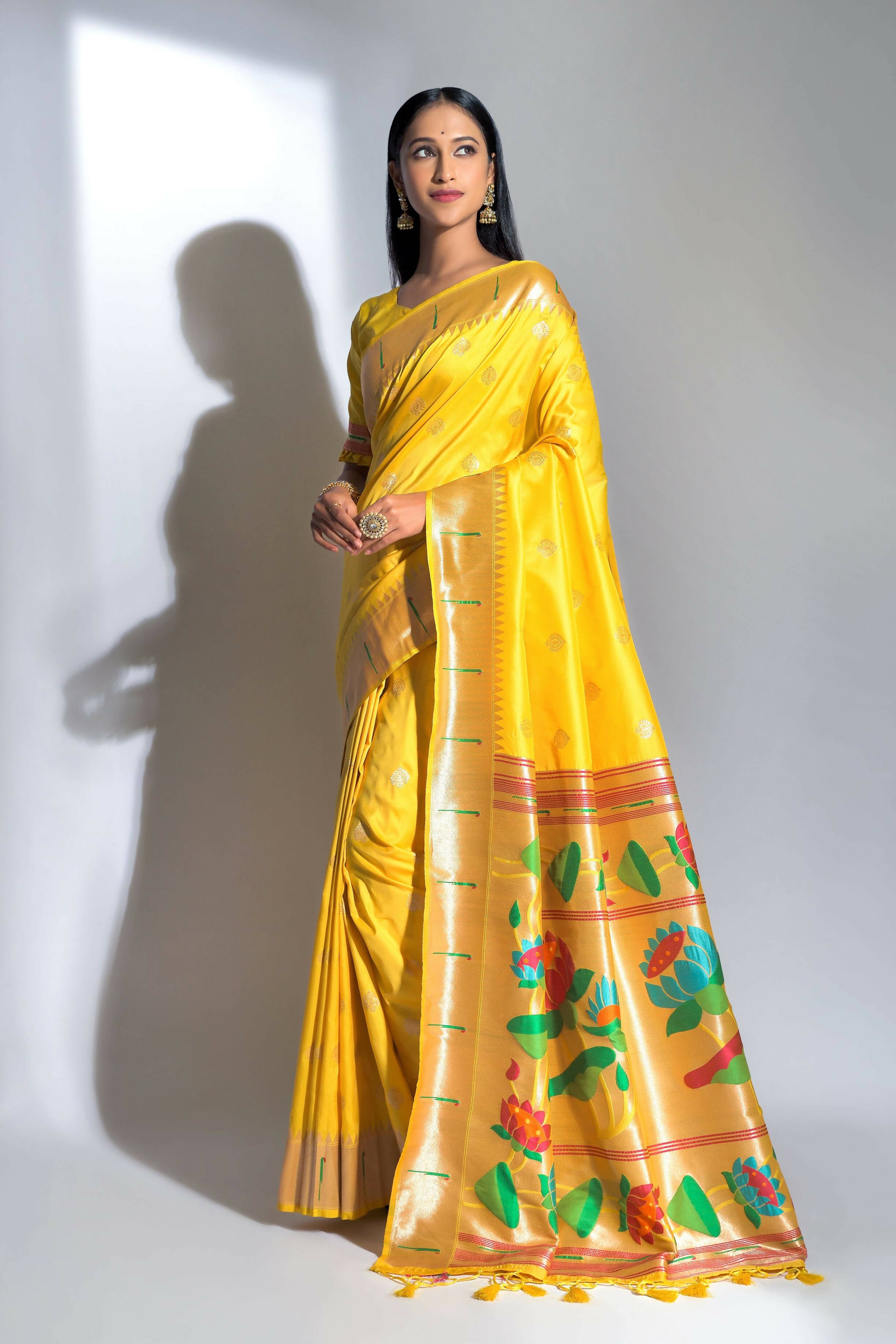 Vishnu Weaves Women's Yellow Paithani Silk Zari Woven Saree with Unstitched Blouse - Distacart