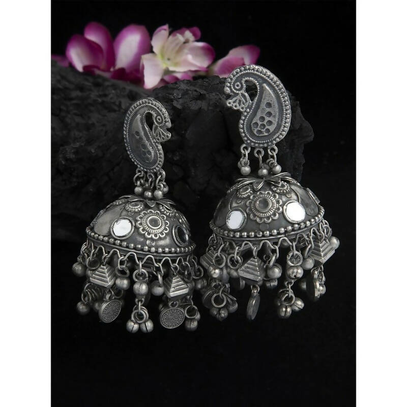 Peacock Shaped Tribal Design Oxidised Silver Plated Chandelier Jhumkas (VMC-PCK2) By House of Ree - Distacart