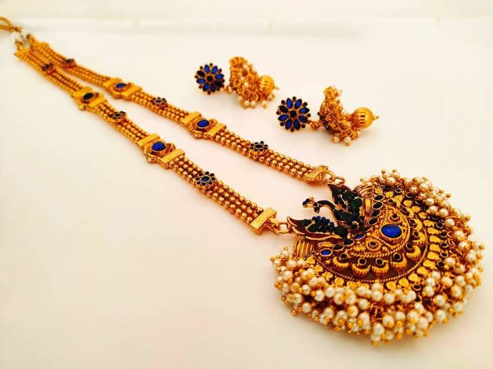 Blue Kemp Peacock Long Necklace Set