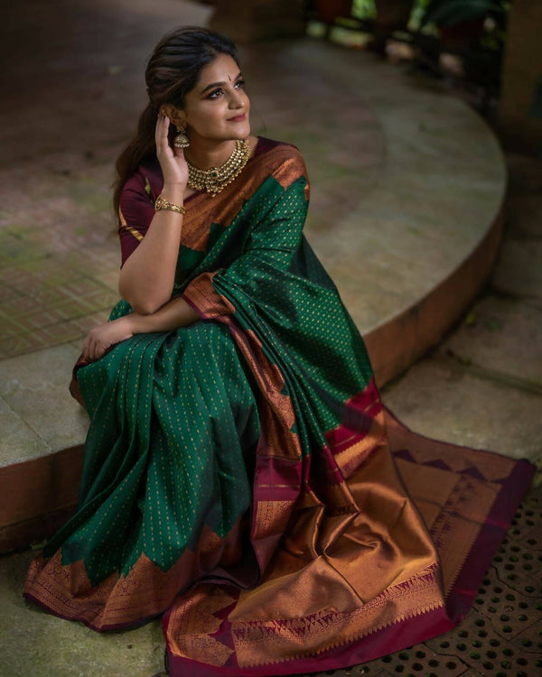DEIANA'S Beautiful Golden Jari with New Design Soft Lichi Silk Saree - Green - Distacart