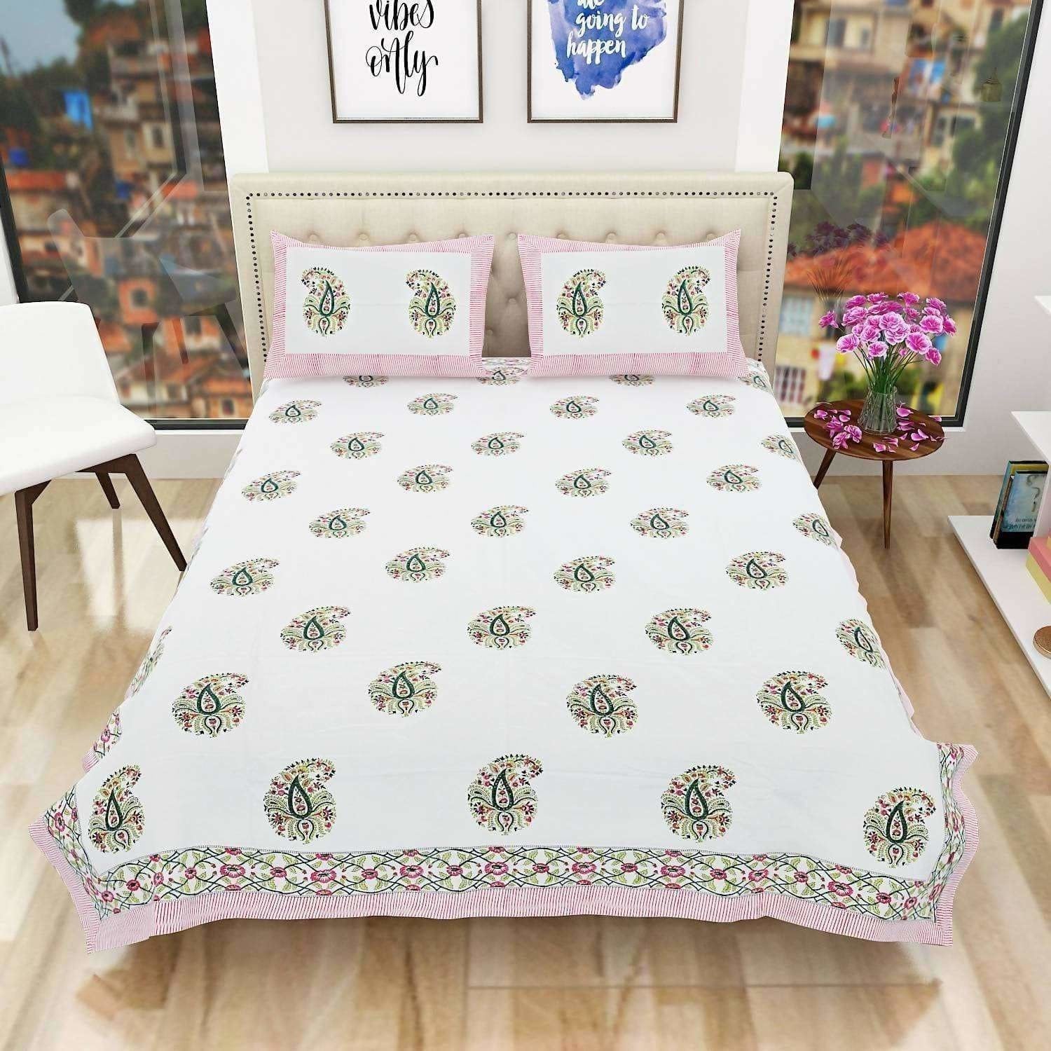 Paisley Hand Block Printed Double 90x108 Inches Bedspread with 2 Pillow Covers - Distacart