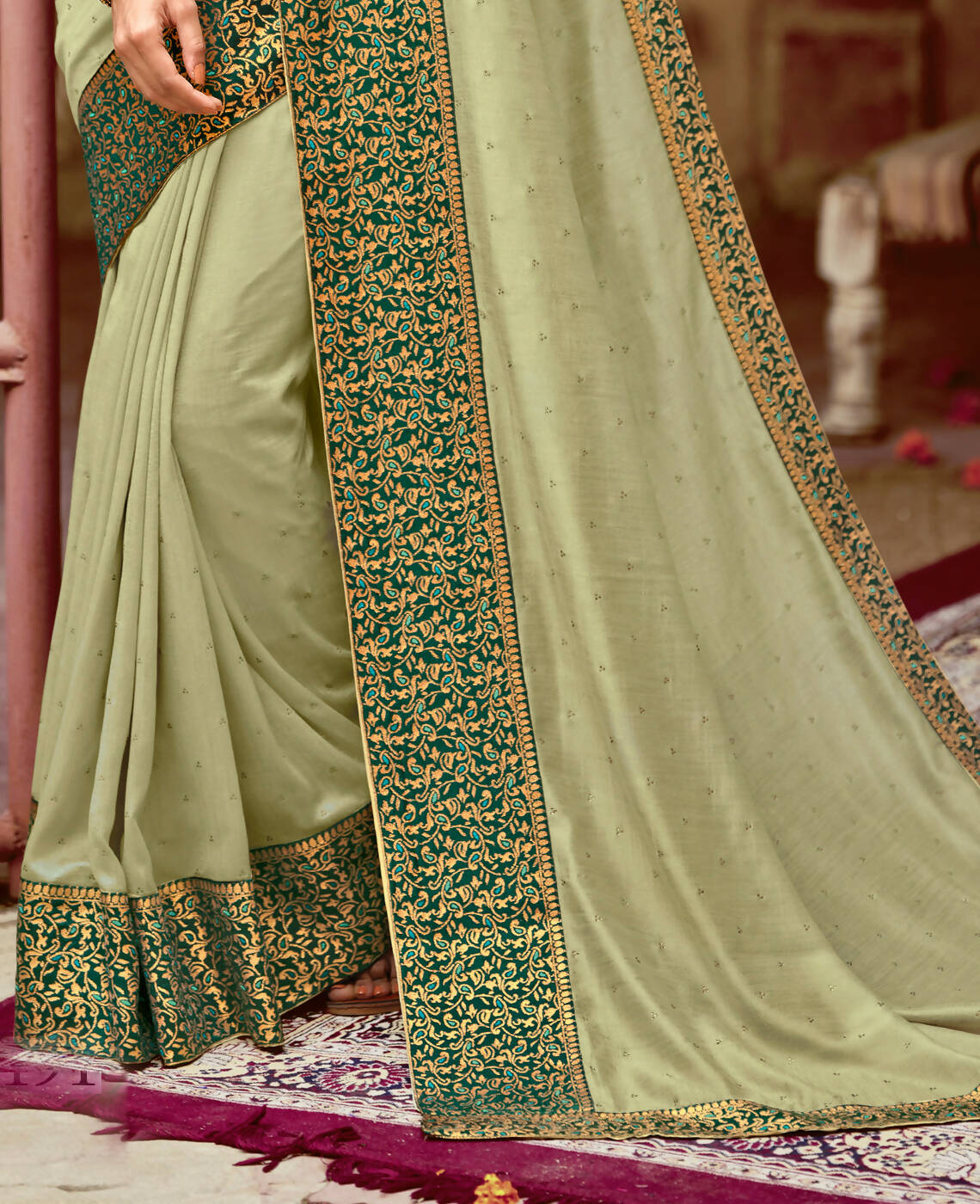 Green Vichitra Stone Work Saree With Unstitched Blouse Piece - Rosy - Distacart